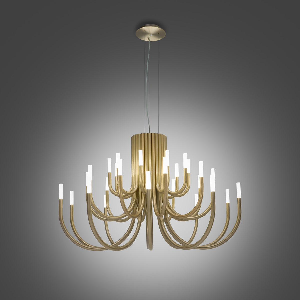 ThePalm LED 30 Light Chandelier in satin gold, with curved tubular arms rising in tiers from a central column, each tipped with a warm white acrylic light, shown on a plain grey background.
