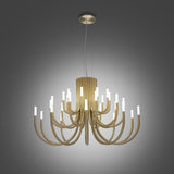 ThePalm LED 30 Light Chandelier in satin gold, with curved tubular arms rising in tiers from a central column, each tipped with a warm white acrylic light, shown on a plain grey background.