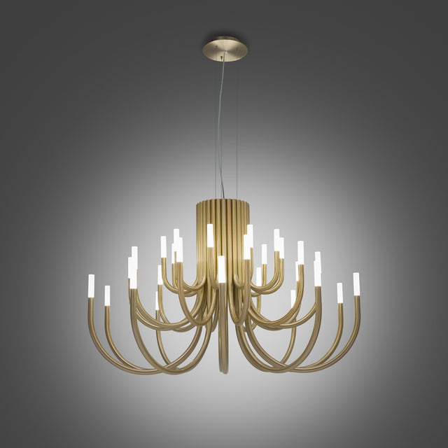 ThePalm LED 30 Light Chandelier in satin gold, with curved tubular arms rising in tiers from a central column, each tipped with a warm white acrylic light, shown on a plain grey background.