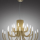 ThePalm LED 30 Light Chandelier in satin gold, with tiered curved tubular arms radiating from a central column, each tipped with glowing acrylic ends, against a grey studio background.