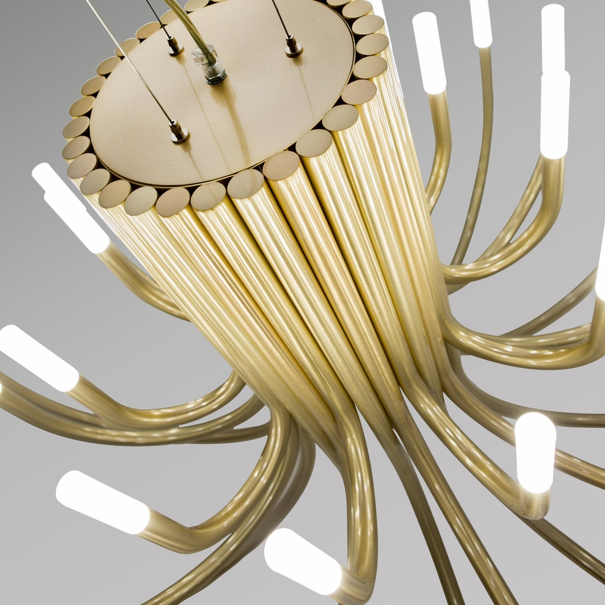 ThePalm LED 30 Light Chandelier in satin gold, close-up of curved tubular arms branching from a central bundle with glowing acrylic tips, set against a plain grey background.