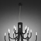 ThePalm LED 30 Light Chandelier in black, with curved iron arms rising in two tiers from a fluted column, each tipped with glowing white acrylic LED ends, shown against a grey background.