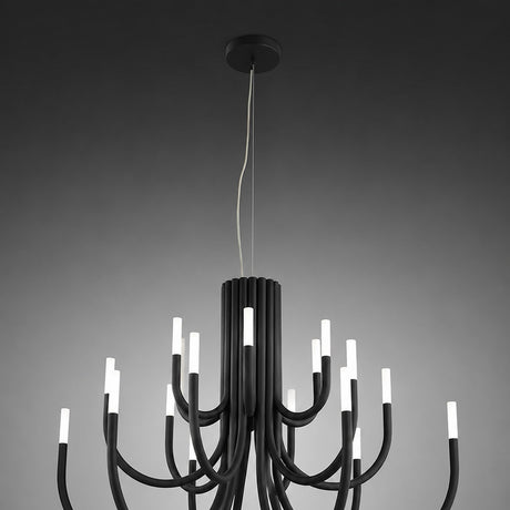 ThePalm LED 30 Light Chandelier in black, with curved iron arms rising in two tiers from a fluted column, each tipped with glowing white acrylic LED ends, shown against a grey background.