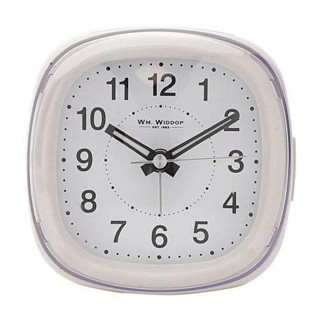 Square white plastic alarm clock with domed lens, white dial featuring large black Arabic numerals, minute dots, and luminous hands, shown on a plain white background.