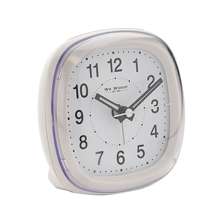 Square white plastic alarm clock with curved dome lens, black Arabic numerals, minute dots, and sweep hands, shown on a plain white background.