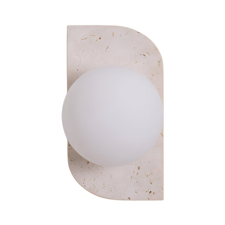 The Virella 1 Light Vertical Travertine Wall Light in light beige features a rounded white glass globe on a speckled rectangular base with a curved corner, offering minimalist design and soft ambient lighting.
