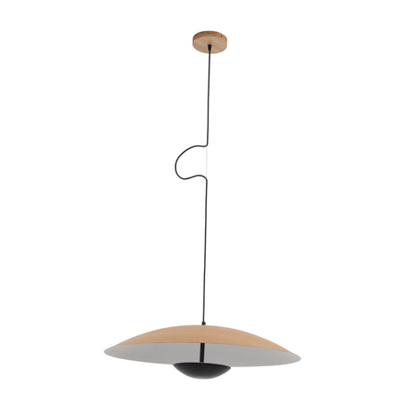 The Ginger LED Medium Pendant Light - Black & Oak is a minimalist fixture featuring a wide oak-textured shade, suspended by a black cord and highlighted with a sleek black dome at the center.
