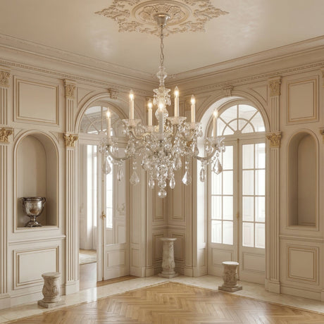 Elegant room with cream paneled walls, arched doorways, tall windows, classical columns, a decorative urn on a shelf, and the luxurious Vienna 5 Light K9 Crystal Chandelier, evoking classic European style.