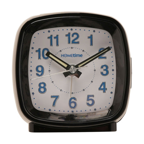 Square cushion alarm clock in glossy black plastic with a white dial, bold blue Arabic numerals, slim hour and minute hands, and a thin seconds hand, shown on a plain background.