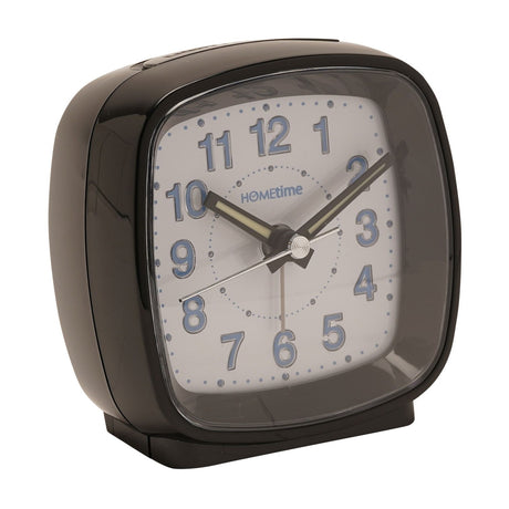 Square cushion alarm clock in glossy black plastic with a white dial, blue Arabic numerals, and slim black hands, shown on a plain white background.