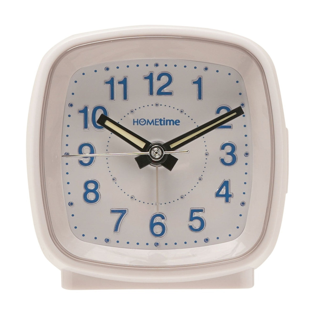 White square cushion alarm clock with rounded corners, plastic case, white dial, blue Arabic numerals, and black luminous hour and minute hands.