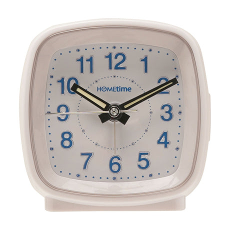 White square cushion alarm clock with rounded corners, plastic case, white dial, blue Arabic numerals, and black luminous hour and minute hands.