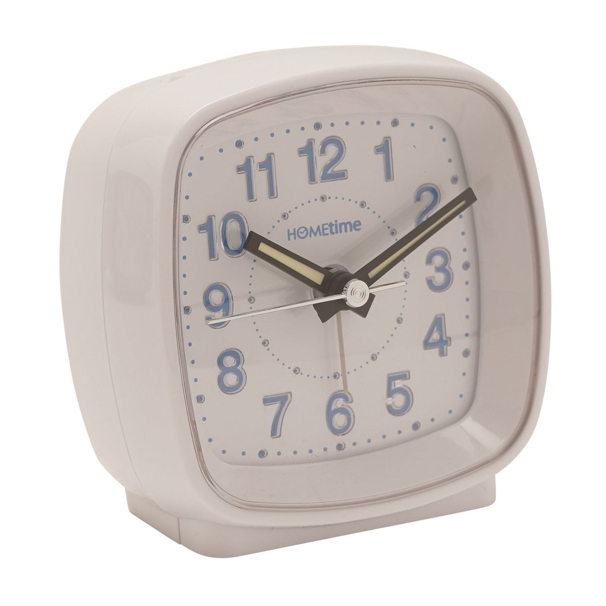 Square white plastic alarm clock with cushioned rounded corners, white dial, blue Arabic numerals, and black luminous hour and minute hands, shown on a plain background.