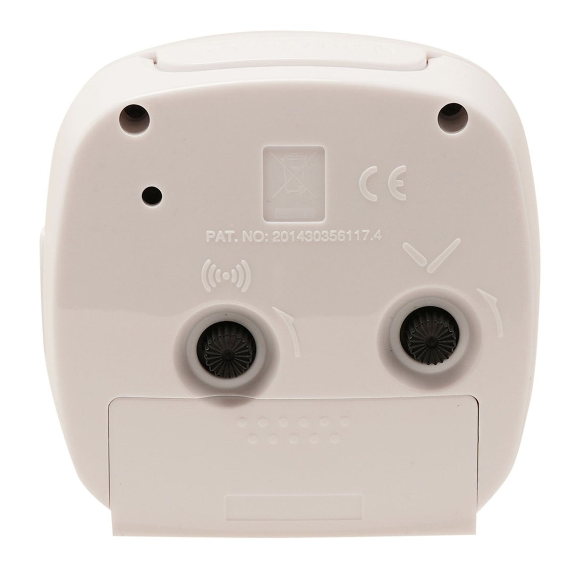 Rear view of the Cushion Silent Sweep alarm clock in white plastic, showing two adjustment dials, battery compartment, and CE marking on a plain background.