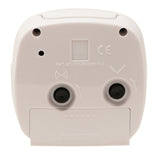 Rear view of the Cushion Silent Sweep alarm clock in white plastic, showing two adjustment dials, battery compartment, and CE marking on a plain background.