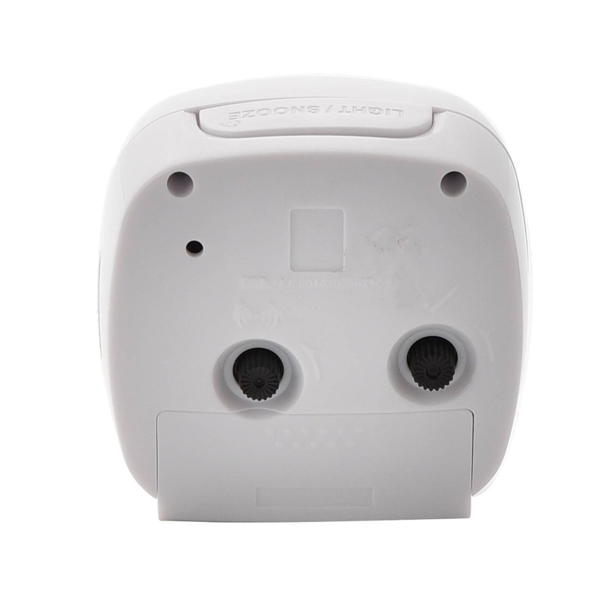 Rear view of the Cushion Silent Sweep Crescendo alarm clock in white plastic, showing a fold-out stand, battery compartment, and light/snooze button, on a plain white background.