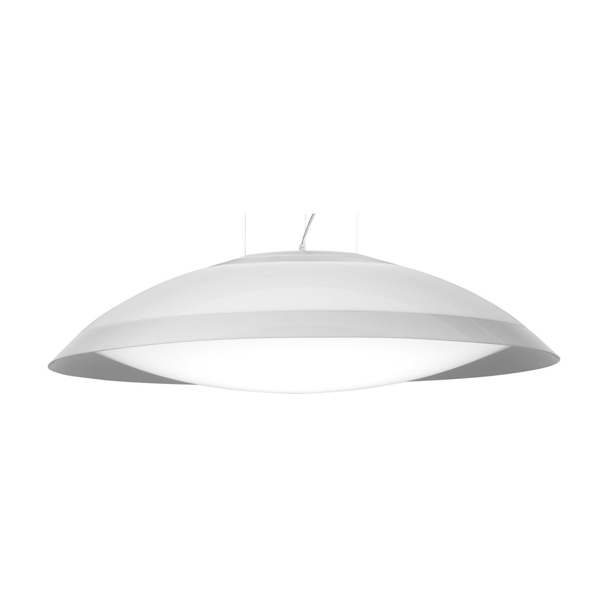 Lens LED Pendant Light in white, a wide shallow domed disc with an opal diffuser, iron and acrylic finish, shown on a plain white background.