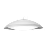 Lens LED Pendant Light in white, a wide shallow domed disc with an opal diffuser, iron and acrylic finish, shown on a plain white background.