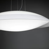 Lens LED Pendant Light in white, a wide shallow domed disc with a curved opal acrylic diffuser and tapered rim, shown against a dark grey background.