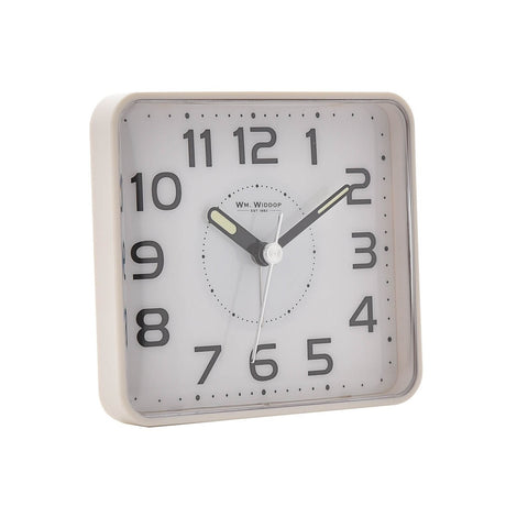 White plastic square alarm clock with white dial, bold black Arabic numerals, dark hour and minute hands with pale tips, and a slim silver second hand, on a plain white background.