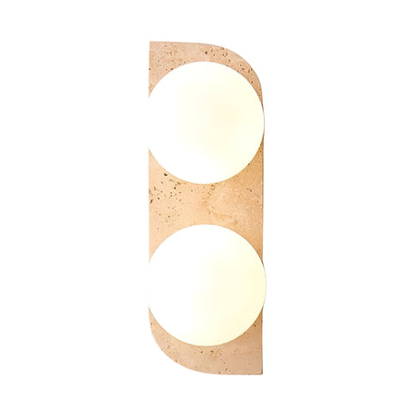 The Virella 2 Light Vertical Travertine Wall Light in light beige features a rectangular stone base with two large round white globes arranged vertically, softly illuminating any space.