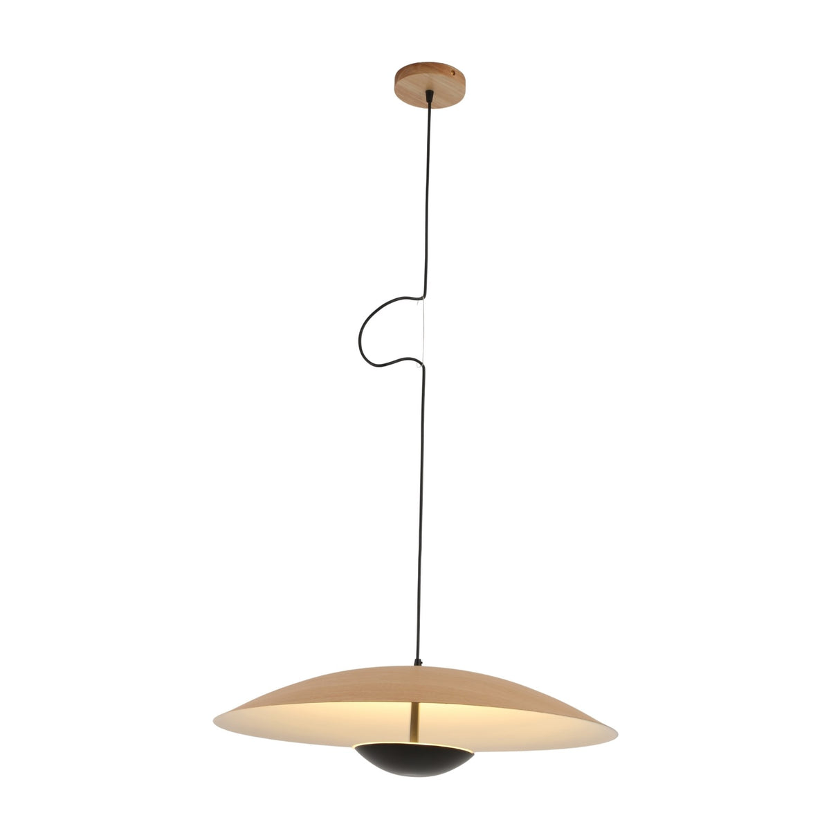The Ginger LED Medium Pendant Light in Black & Brown features a wide, shallow beige shade suspended from a black cord with a curved loop, attached to a round wooden ceiling mount for modern appeal.