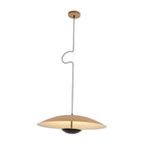 The Ginger LED Medium Pendant Light in Black & Brown features a wide, shallow beige shade suspended from a black cord with a curved loop, attached to a round wooden ceiling mount for modern appeal.