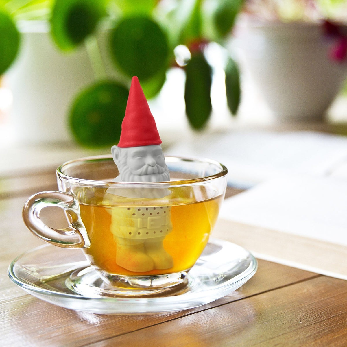 Bearded Garden Gnome Brew plastic tea infuser in grey and red, perforated coat steeping tea in a glass cup, set on a wooden table with green plants behind.