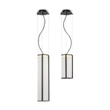 Kalvenne LED Glass Pendant Light 16W in Black, two sizes shown with ribbed glass columns in slim black iron frames, suspended on cables against a plain white background.