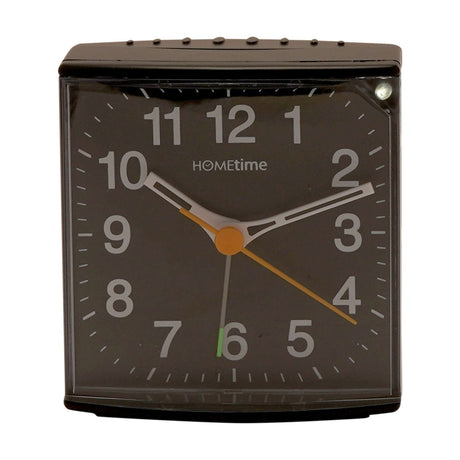Black square plastic alarm clock with analogue dial, large white numerals, pale hour and minute hands, orange second hand, and top snooze buttons on a white background.