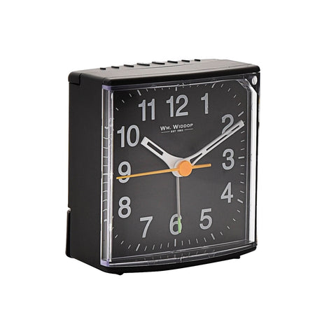 Black plastic square alarm clock with clear front window, black dial, white Arabic numerals, pale hour and minute hands, orange second hand, shown on a plain white background.