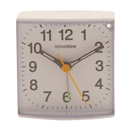 Square white plastic alarm clock with analogue dial, bold Arabic numerals, grey hour and minute hands, orange second hand, set against a plain white background.