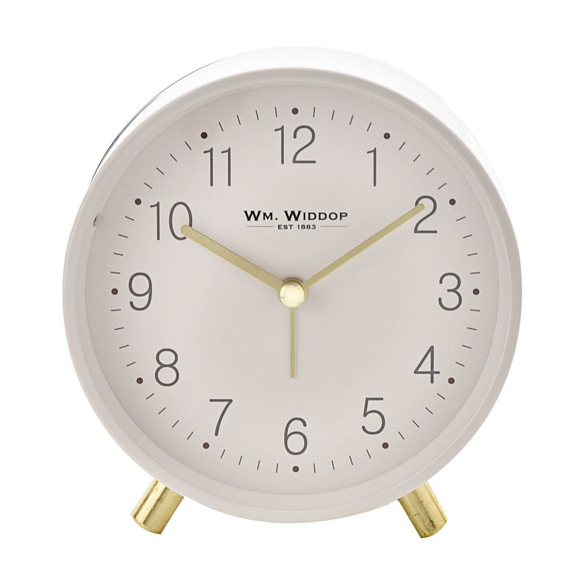 Round white alarm clock with matt metal case, gold feet, and gold hour, minute, and second hands on a clear Arabic numeral dial, shown on a plain background.