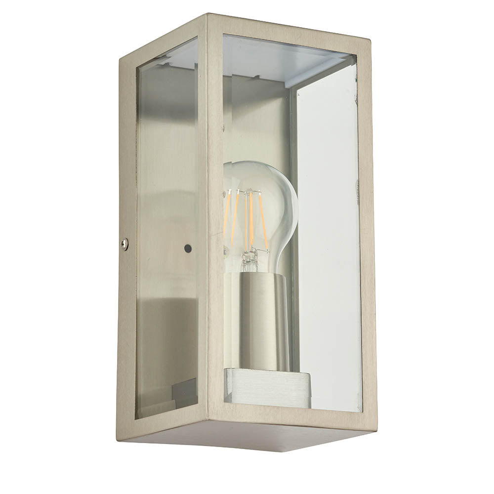 Endon Castwick box lantern wall light in brushed silver steel with clear bevelled glass panels and a single E27 filament bulb, on a white background.