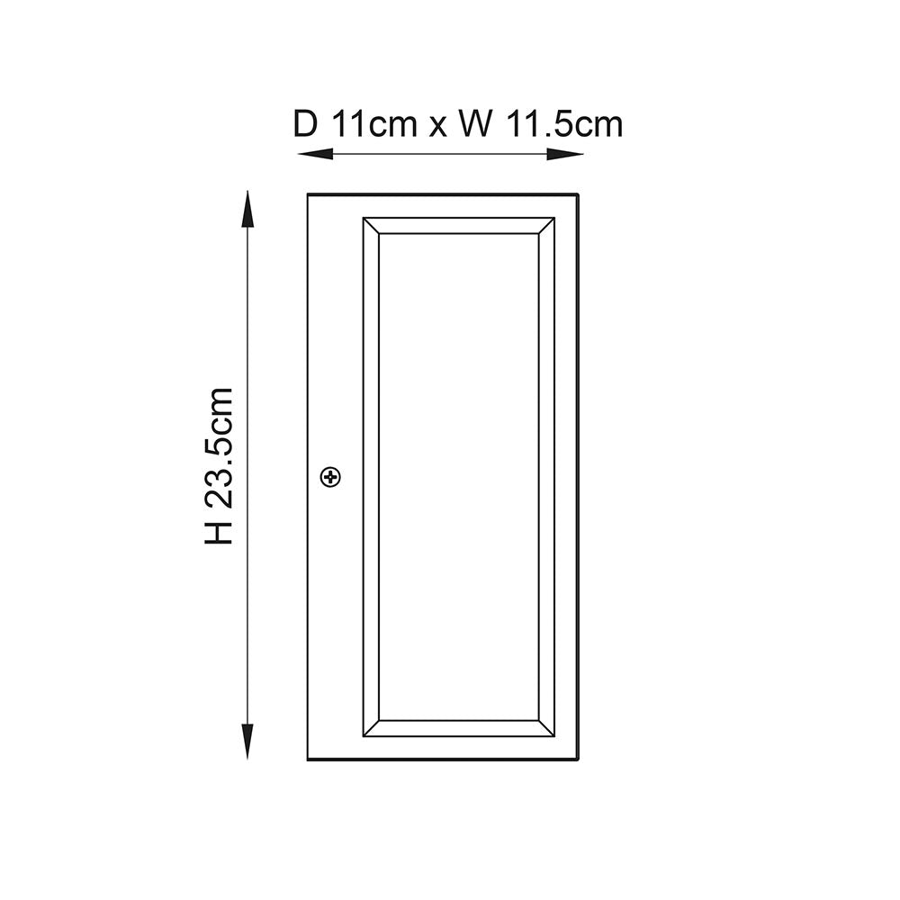 Dimension diagram of the Endon Castwick Lantern Wall Light in silver, showing height 23.5cm, depth 11cm and width 11.5cm on a white background.