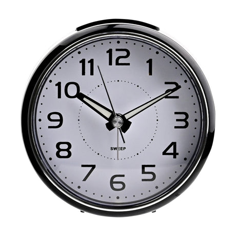 Round plastic alarm clock with black case and white dial, bold black numerals, dotted minute track, SWEEP text, and black hands, shown on a plain white background.