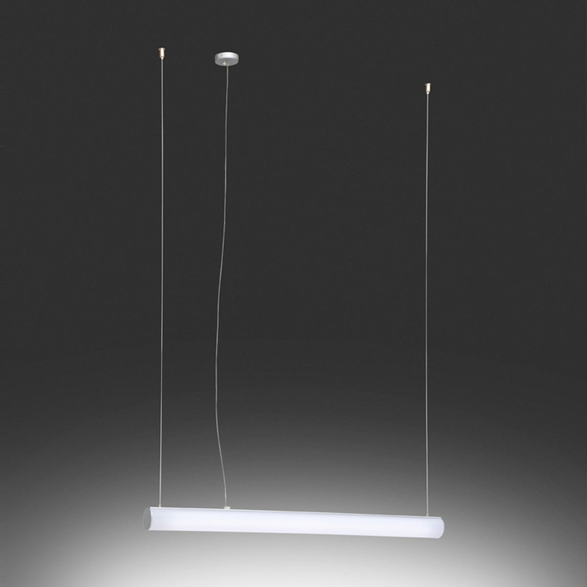 Bath A LED Linear Pendant Light in white, a slim tubular polycarbonate diffuser on thin twin suspension cables with a round ceiling canopy, shown against a dark background.