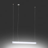 Bath A LED Linear Pendant Light in white, a slim tubular polycarbonate diffuser on thin twin suspension cables with a round ceiling canopy, shown against a dark background.