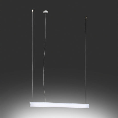 Bath A LED Linear Pendant Light in white, a slim tubular polycarbonate diffuser on thin twin suspension cables with a round ceiling canopy, shown against a dark background.