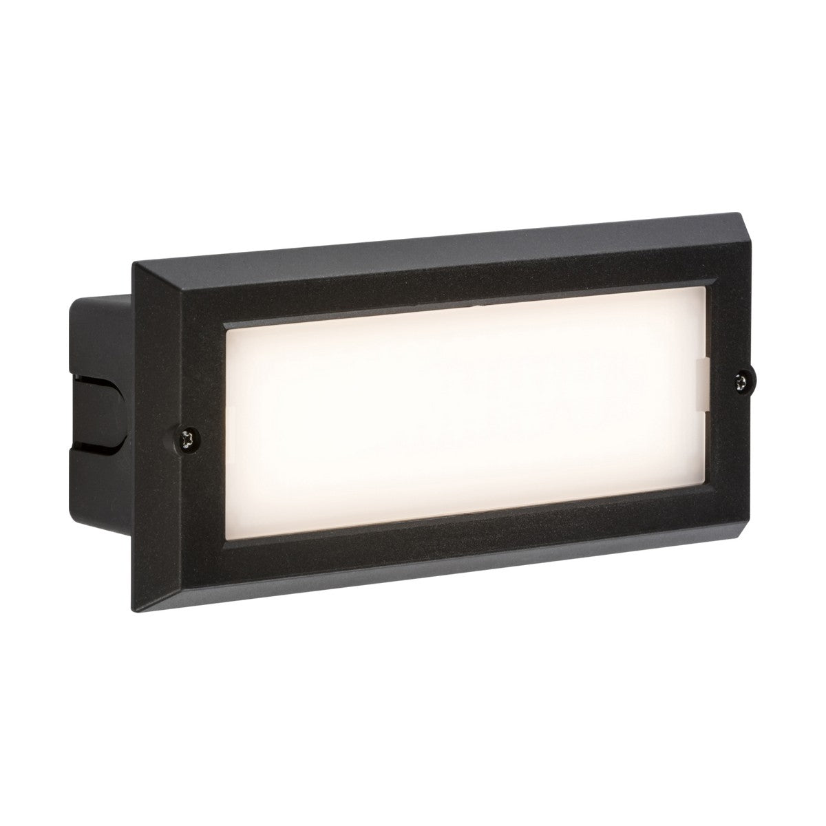 Introducing the BL5 Bricklight Accessory Kit - Black: a rectangular, wall-mounted bricklight fixture in black with a frosted glass cover. It emits a soft, warm glow ideal for both indoor and outdoor use and includes an accessory kit for easy retrofitting into existing spaces.