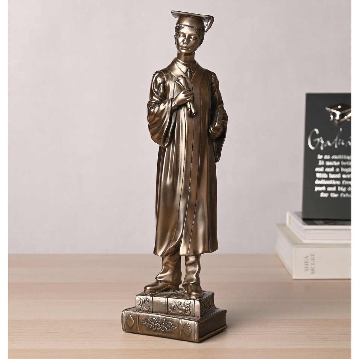 Boy Graduation Polished Resin Figurine with Scroll - Bronze