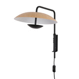 Niori Ginger LED Wall Light in Black & Brown with a curved black metal arm, wood-finish dome shade, and wall-mounted bracket with corded switch.