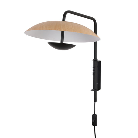 The Ginger LED Wall Light - Black & Oak features a curved black arm, round oak detail, white shade, and a black cord with switch—an ideal minimalist lighting solution.