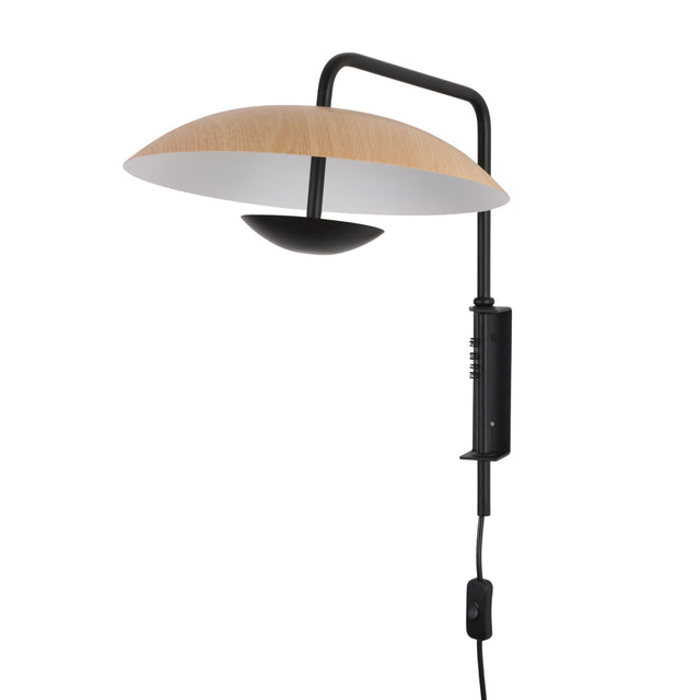 Niori Ginger LED Wall Light in Black & Brown with a curved black metal arm, wood-finish dome shade, and wall-mounted bracket with corded switch.