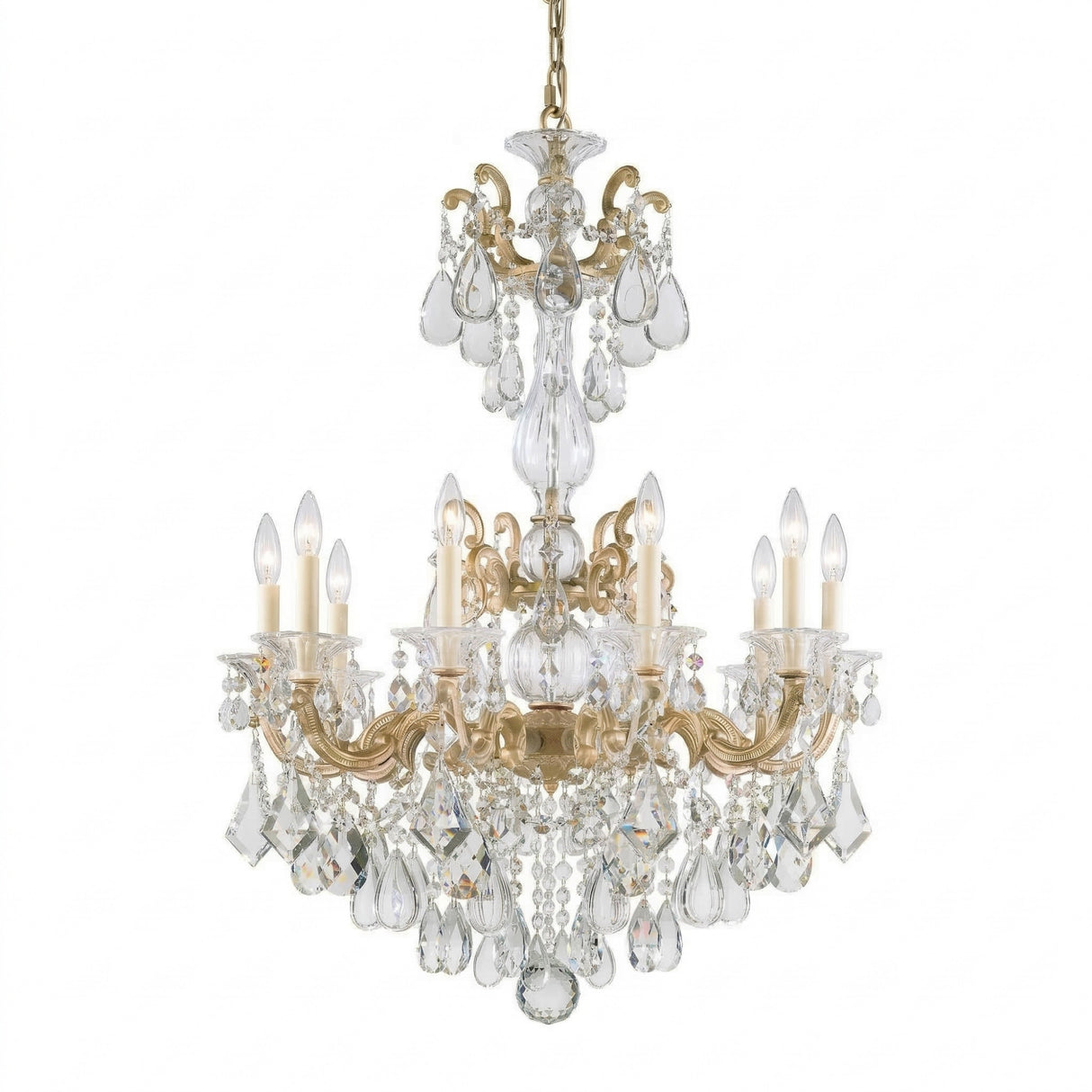 The Vienna 10 Light K9 Crystal Chandelier features multiple arms with candle-style bulbs, adorned with hanging K9 crystal droplets and suspended from a gold chain for an elegant French Rococo-inspired look.