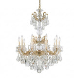 The Vienna 10 Light K9 Crystal Chandelier features multiple arms with candle-style bulbs, adorned with hanging K9 crystal droplets and suspended from a gold chain for an elegant French Rococo-inspired look.