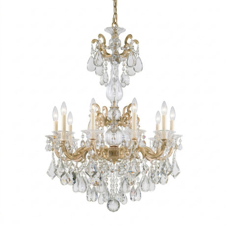 The Vienna 10 Light K9 Crystal Chandelier features multiple arms with candle-style bulbs, adorned with hanging K9 crystal droplets and suspended from a gold chain for an elegant French Rococo-inspired look.