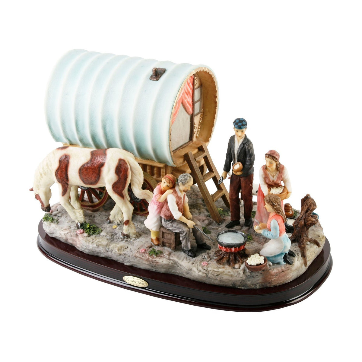 Hand Painted Gypsy Camp Scene Resin Figurine with Caravan - Brown