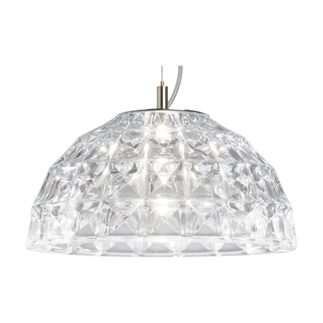 Deco Crystal Pendant Light in Chrome, a single-light dome-shaped fixture with faceted diamond-pattern crystal shade on a slim cable, shown on a plain white background.