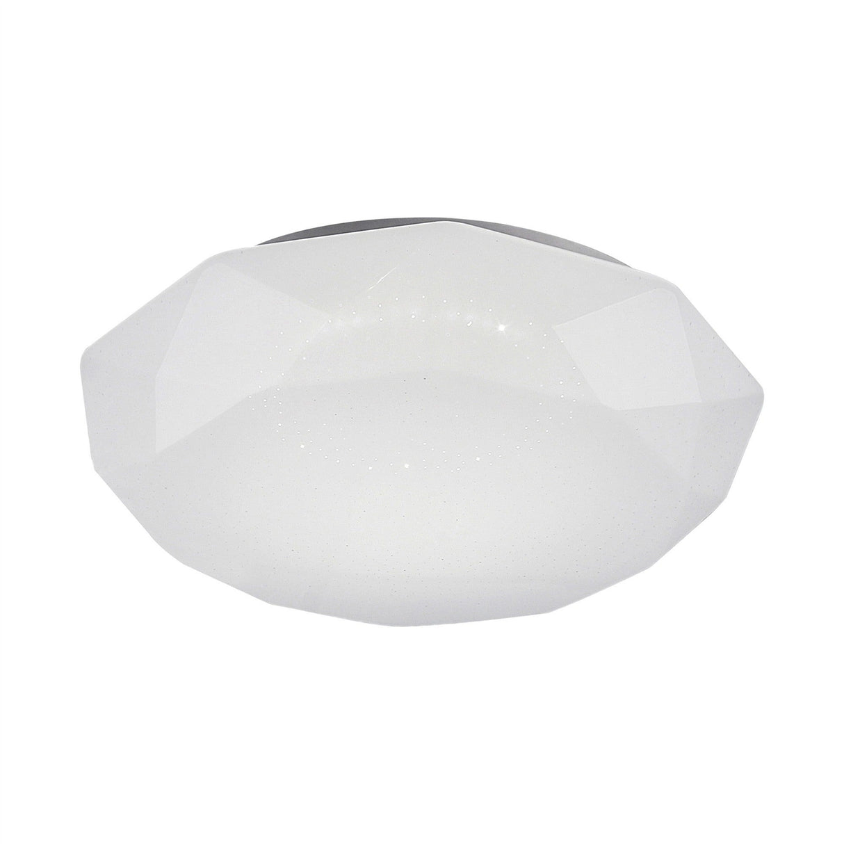 Diamante Medium flush ceiling light in white, featuring a faceted geometric plastic body around a round opal diffuser, shown on a plain white background.